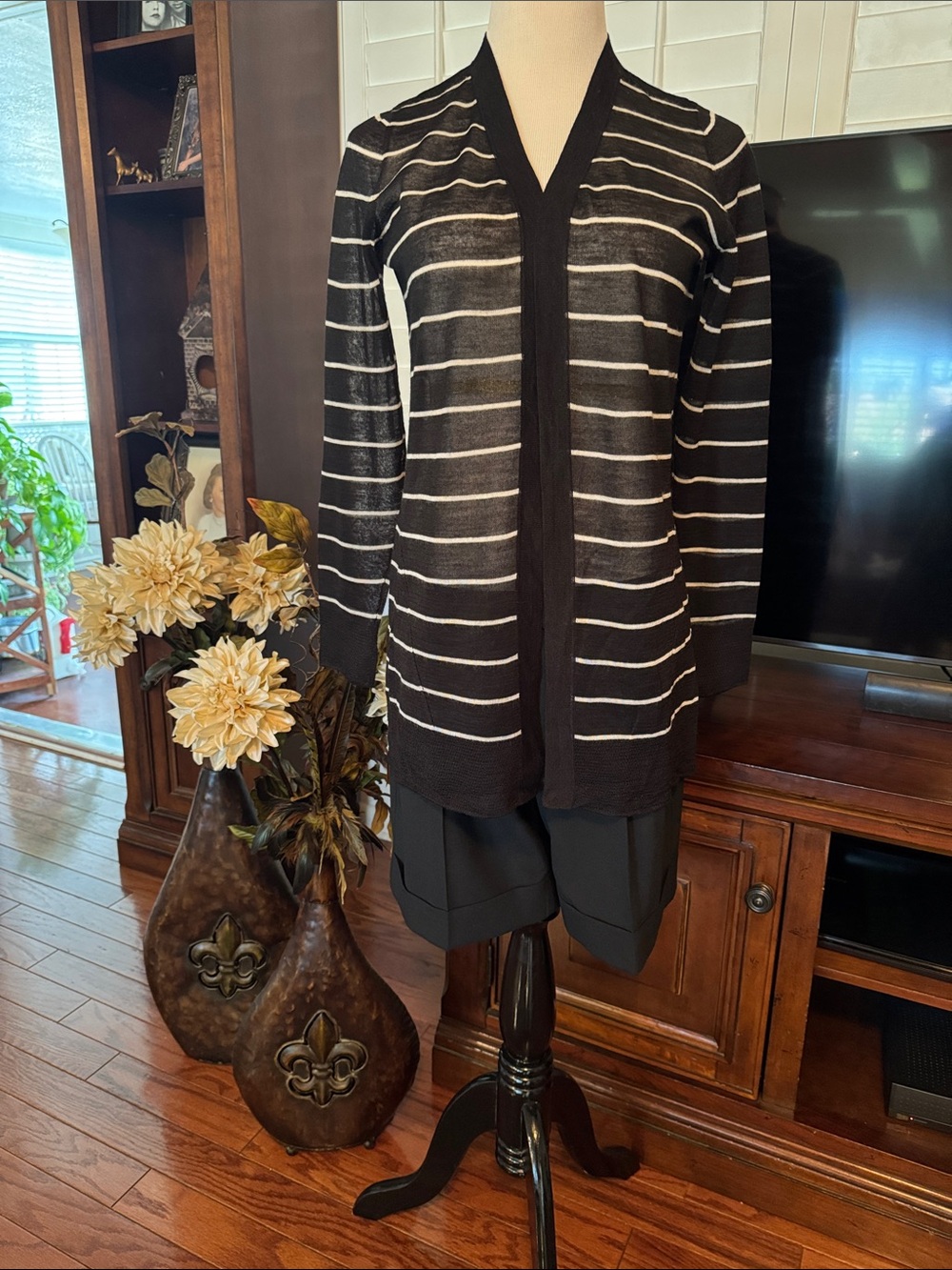 LOFT Black and White Striped Open-Front Cardigan